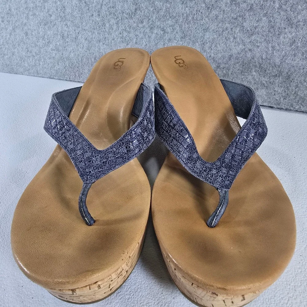 UGG Australia Lucianna Mar Blue Metallic Leather Cork Wedge Sandals 1011000 8.5